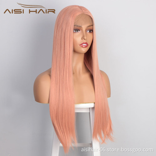 Aisi Hair Cosplay Long Silky Straight Pink Wig Natural Straight Swiss Lace Wig Middle Part Lace Frontal Wigs For Black Women